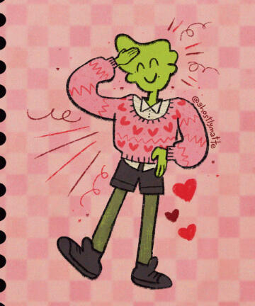 A simple character illustration of a ghost original character, showing off their very cute and love-core inspired outfit! ✦ Character art ✦ Queer playful cute