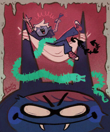 A tiny vampire is having a joyful time and resting in a hammock, that is tied between the ears of a bigger vampire character that can be seen in the foreground. ✦ Poster Promotional art ✦ Monsters Vampires Whimsical Fantasy