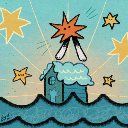 A funky starburst character standing and glowing on top of a cloud-like home that is floating in the ocean. ✦ Character art ✦ Playful