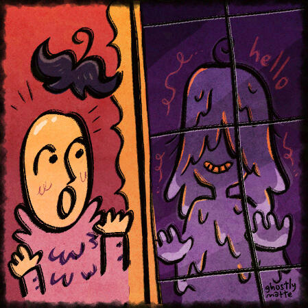 An isolated scene of a muddy swamp monster grinning and reaching towards a shocked party-goerer inside the fancy warm home. ✦ Spot art ✦ Monster silly weird