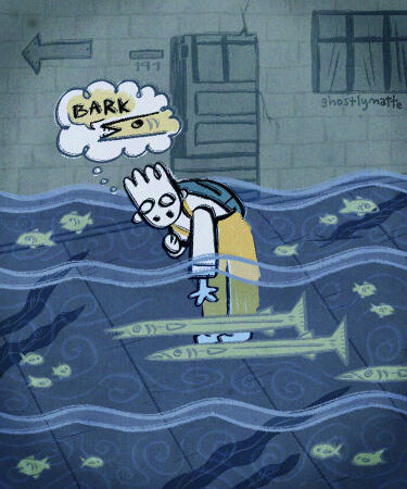 An illustrative scene of a cloud-like original character reaching down and petting a fish near his shoes. The neighborhood is floated and fish and seaweed sway in the water. ✦ Character promotional art ✦ Playful Fantasy