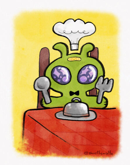 A talented chef from out of this world, prepares itself to fully enjoy its hard work in the kitchen. ✦ Poster art ✦ Playful Alien Chef