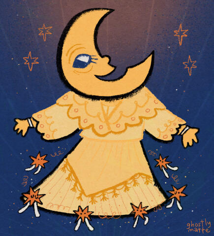 A motherly caring mother moon character joyfully plays with the tiny starburst characters dances around the bottom of her elegant dress. ✦ Character art ✦ Playful