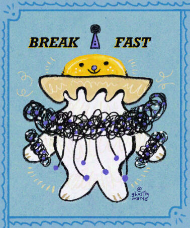 A poster of a character inspired from the fried egg jellyfish that lives in the sea. This character is promoting the importance of breakfast! ✦ Character Poster Promotional art ✦ Playful Anthropomorphic Ocean