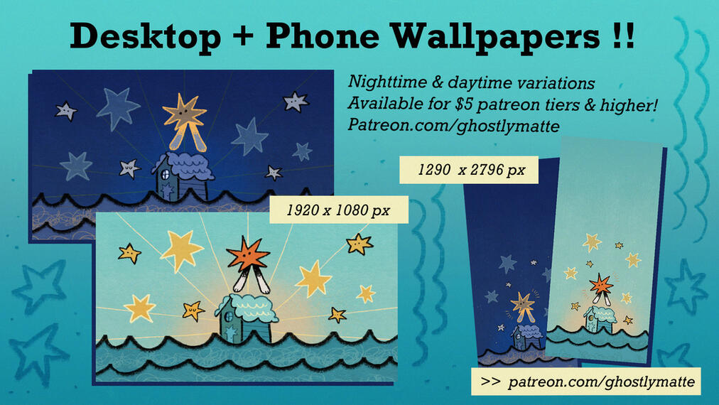Ad for a set of desktop and phone wallpapers, ready to download and use on your personal devices! ✦ Available on my Patreon ✦ Personal Work