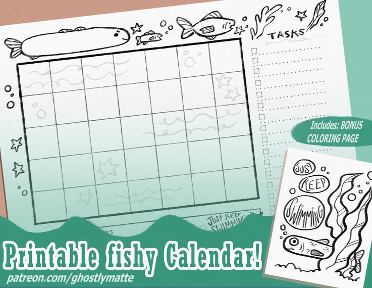 Ad for a blank monthly calendar and a motivational coloring page, ready to download and print. ✦ Available on my Patreon ✦ Personal Work