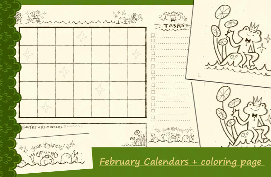 Ad for a blank monthly calendar and a coloring page, ready to download and print. ✦ Available on my Patreon ✦ Personal Work
