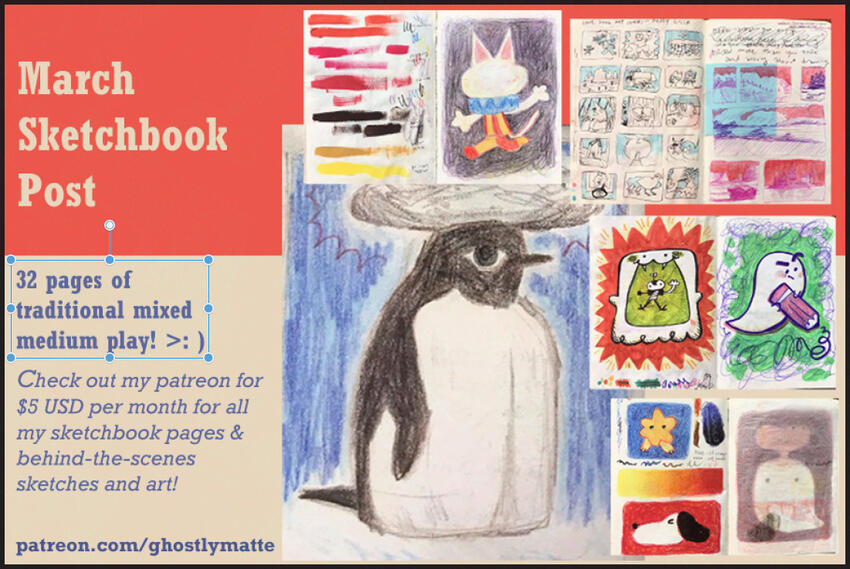 Ad for my monthly sketchbook spreads post! ✦ Available on my Patreon ✦ Personal Work