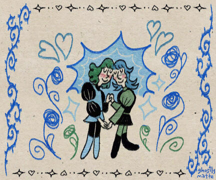 An illustration, featuring two young lovers enjoying the love for each other. Originally for a zine about queer medieval works, ✦ Page art ✦ Queer Medieval Fantasy