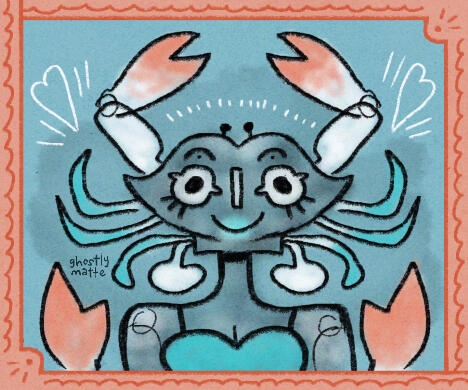 A portrait of a crab-inspired character. Her head is the top of a blue crab. ✦ Page art ✦ Anthropomorphic crab ocean character