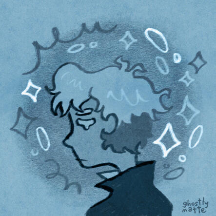 A blue monochromatic character portrait. They look downward and the general vibe is melancholic and emotional. ✦ Page art ✦ Queer Character Portrait