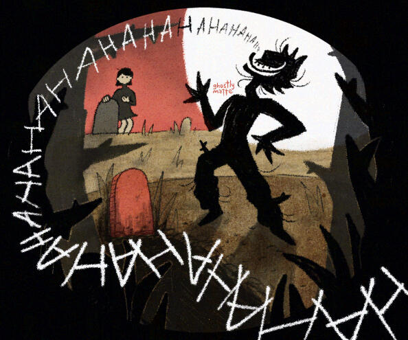 An illustration with limited colors, featuring an empty graveyard and a zombie-like character laughing manically in the dark. Another character looking taken back and shocked looks at them from the distance. ✦ Page art ✦ Horror Fanart Magnus Protocol