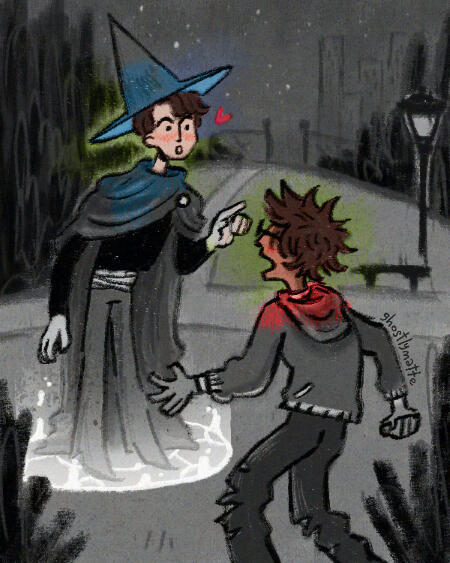 A partial black-and-white character scene, showing a wizard character infatuated with the surprised character near the forefront. The two characters are partially shown in full color from the shoulders and up. ✦ Character Page art ✦ Queer Fantasy