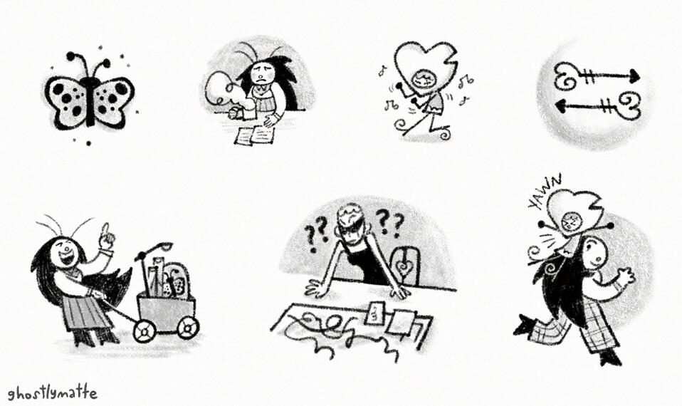 A series of small moments, featuring two characters finding love ✦ Spot art ✦ Queer Fantasy