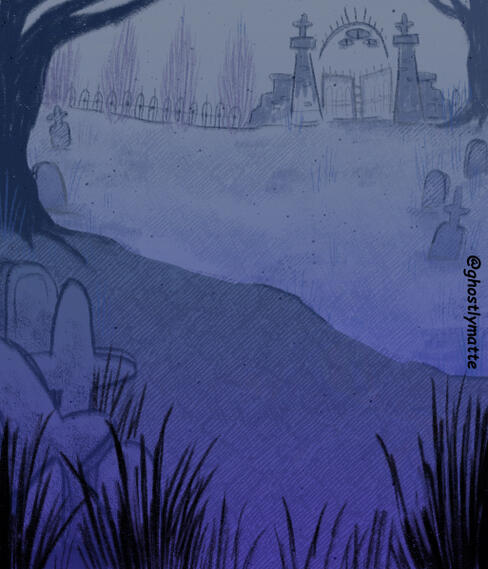 Background art ✦ Lined graveyard grass area with tombstones and the entrance gate in the distance