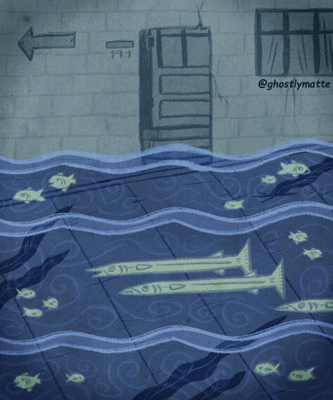 Background art ✦ Lined outdoors street that is flooded with water and fish